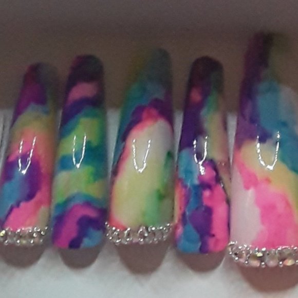 Handmade Hard Gel XXL Coffin Tie Dye Press On Nails - Picture 2 of 6